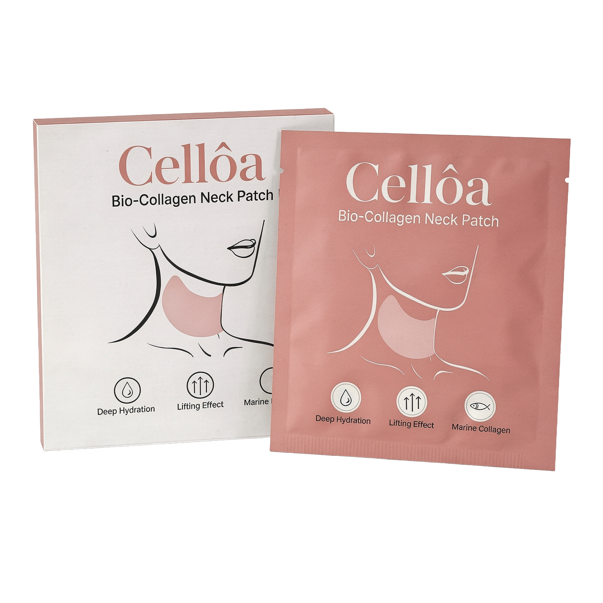 Collagen neck patch packaging with illustrations and product benefits.